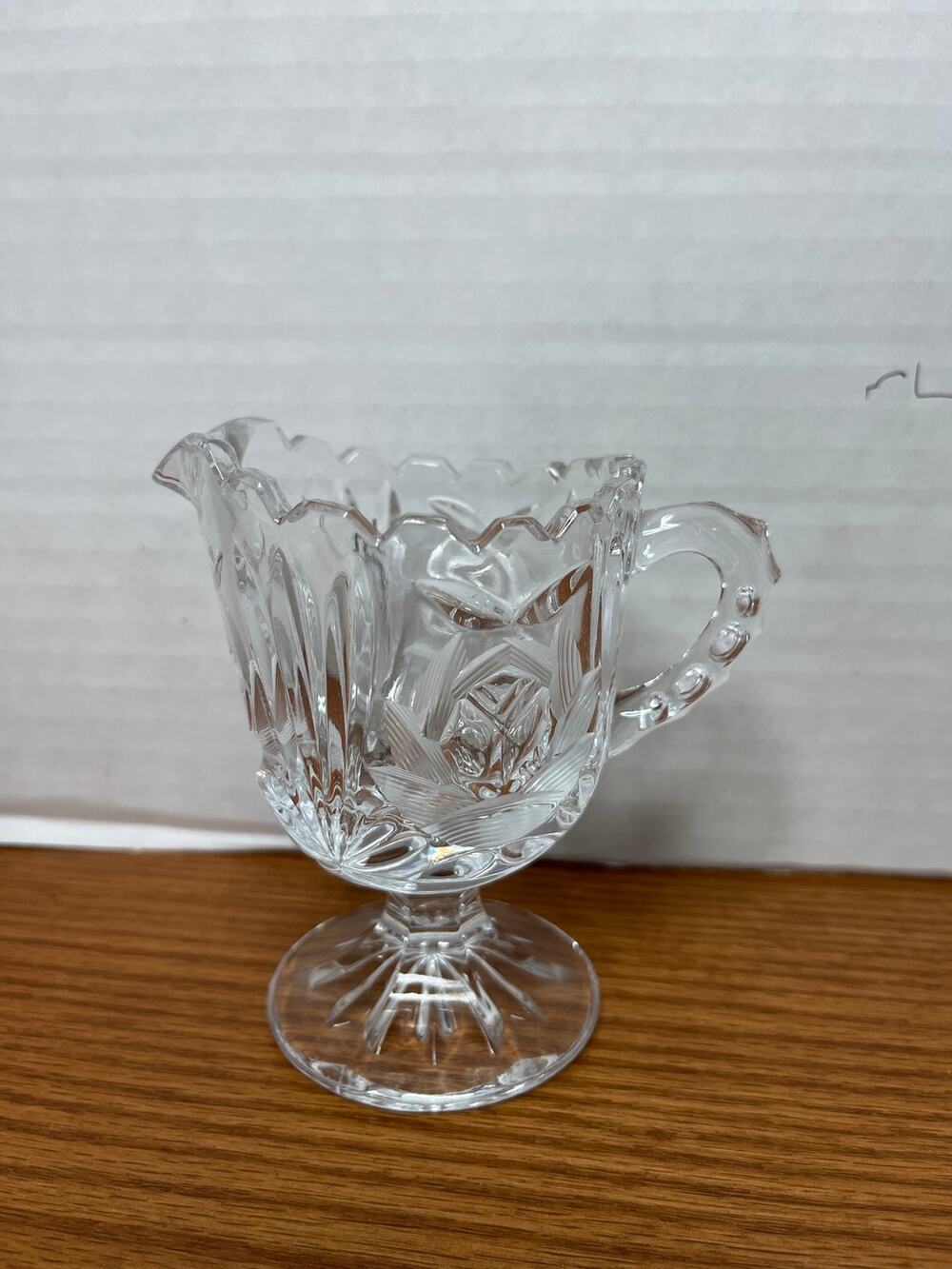 Clear Pressed Glass Creamer Floral Tulip Pattern Scalloped Rim Vintage 4"